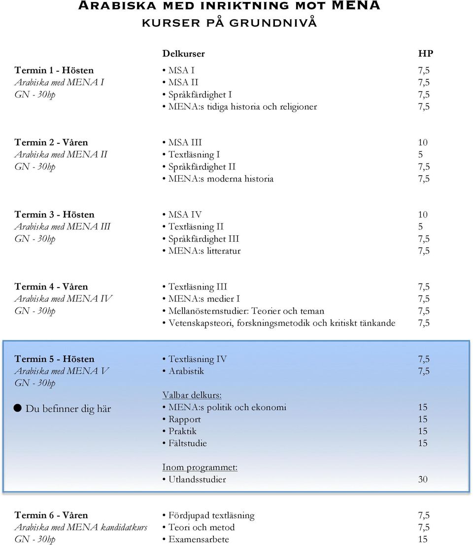 30hp Språkfärdighet III 7,5 MENA:s litteratur 7,5 Termin 4 - Våren Textläsning III 7,5 Arabiska med MENA IV MENA:s medier I 7,5 GN - 30hp Mellanösternstudier: Teorier och teman 7,5 Vetenskapsteori,