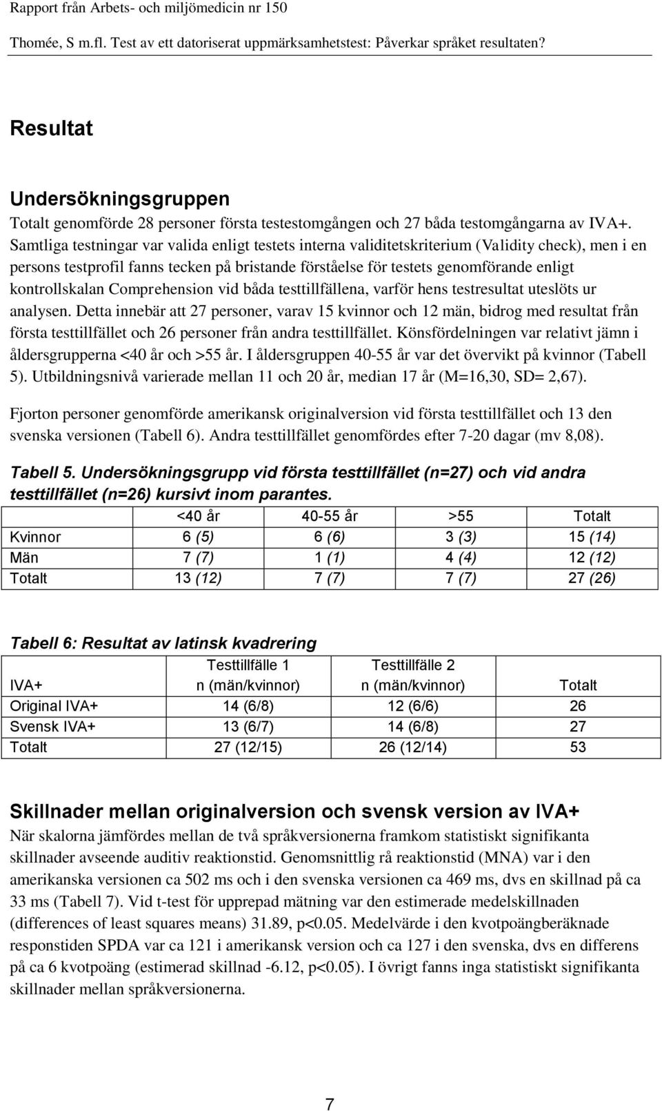 kontrollskalan Comprehension vid båda testtillfällena, varför hens testresultat uteslöts ur analysen.