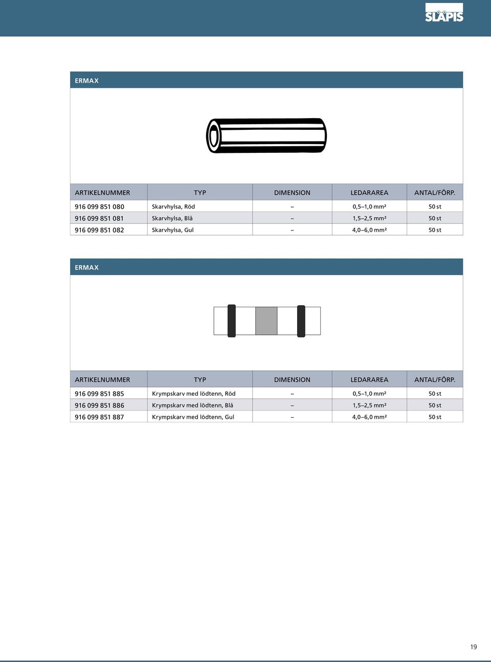 851 082 Skarvhylsa, Gul 4,0 6,0 mm² 50 st  916 099 851 885 Krympskarv med lödtenn, Röd 0,5 1,0 mm² 50 st 916