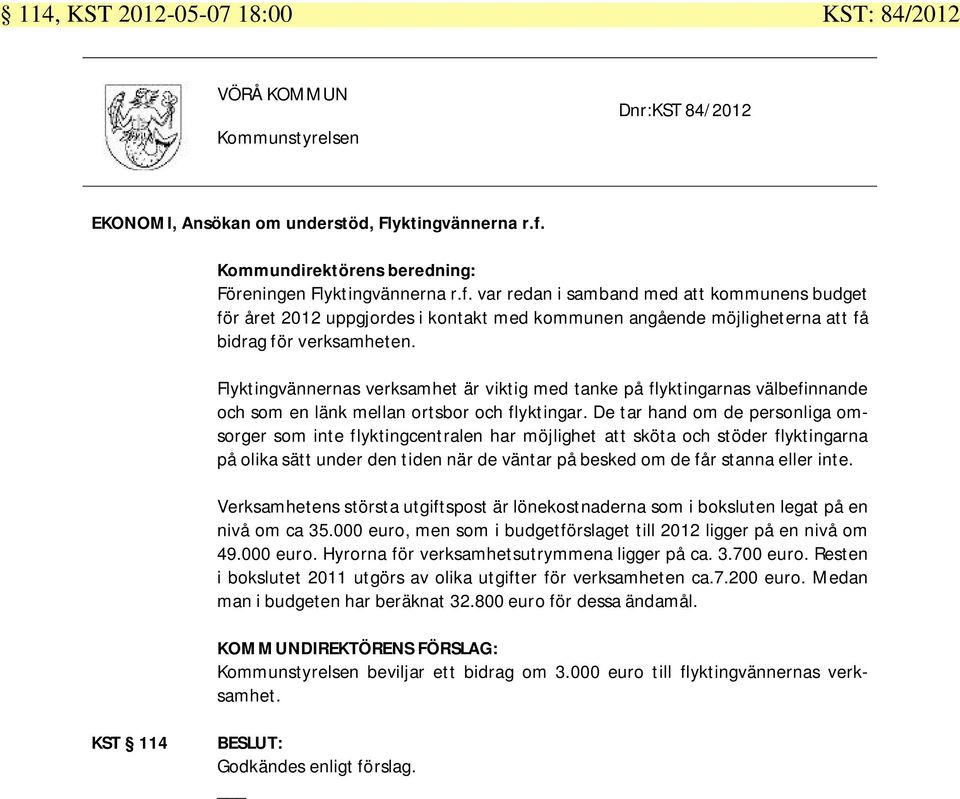 var redan i samband med att kommunens budget för året 2012 uppgjordes i kontakt med kommunen angående möjligheterna att få bidrag för verksamheten.