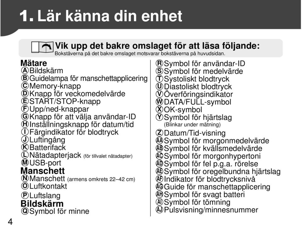 datum/tid I Färgindikator för blodtryck J Luftingång K Batterifack L Nätadapterjack (för tillvalet nätadapter) M USB-port Manschett N Manschett (armens omkrets 22 42 cm) O Luftkontakt P Luftslang