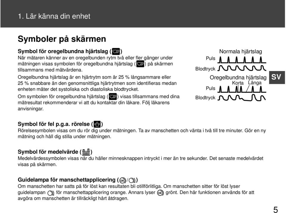 Oregelbundna hjärtslag är en hjärtrytm som är 25 % långsammare eller 25 % snabbare än den genomsnittliga hjärtrytmen som identifieras medan enheten mäter det systoliska och diastoliska blodtrycket.