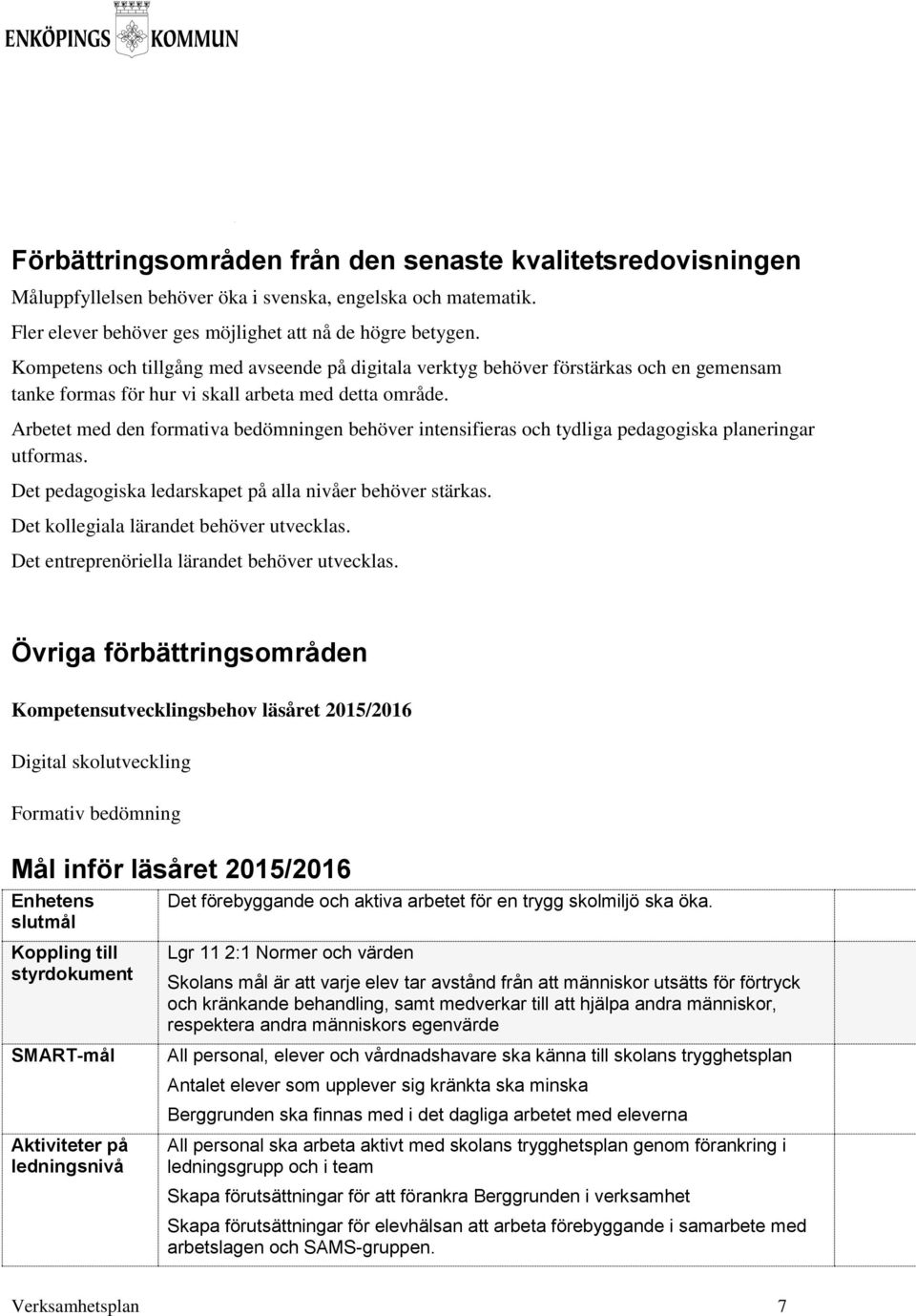 Arbetet med den formativa bedömningen behöver intensifieras och tydliga pedagogiska planeringar utformas. Det pedagogiska ledarskapet på alla nivåer behöver stärkas.
