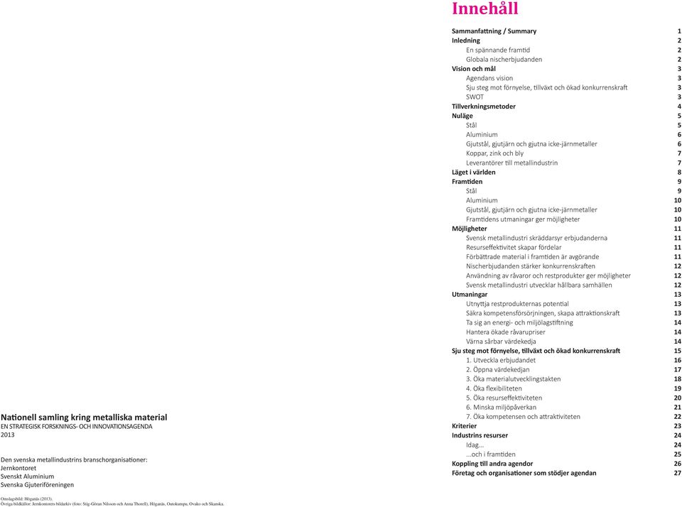 3 SWOT 3 Tillverkningsmetoder 4 Nuläge 5 Stål 5 Aluminium 6 Gjutstål, gjutjärn och gjutna icke-järnmetaller 6 Koppar, zink och bly 7 Leverantörer till metallindustrin 7 Läget i världen 8 Framtiden 9