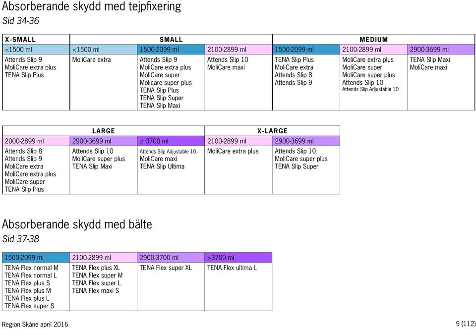 Slip 8 Attends Slip 9 MoliCare extra plus MoliCare super MoliCare super plus Attends Slip 10 Attends Slip Adjustable 10 TENA Slip Maxi MoliCare maxi LARGE X-LARGE 2000-2899 ml 2900-3699 ml 3700 ml