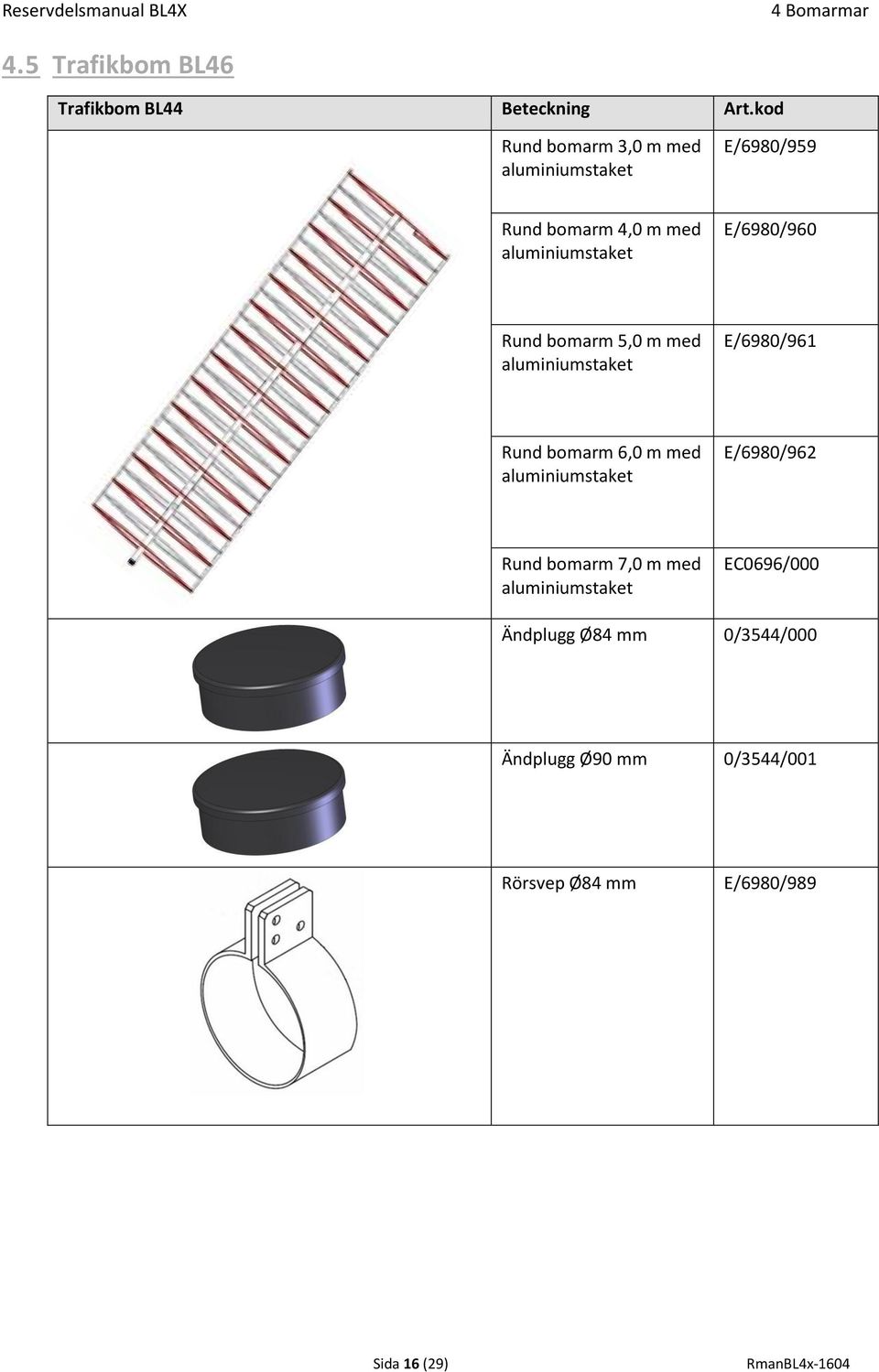 E/6980/960 Rund bomarm 5,0 m med aluminiumstaket E/6980/961 Rund bomarm 6,0 m med aluminiumstaket