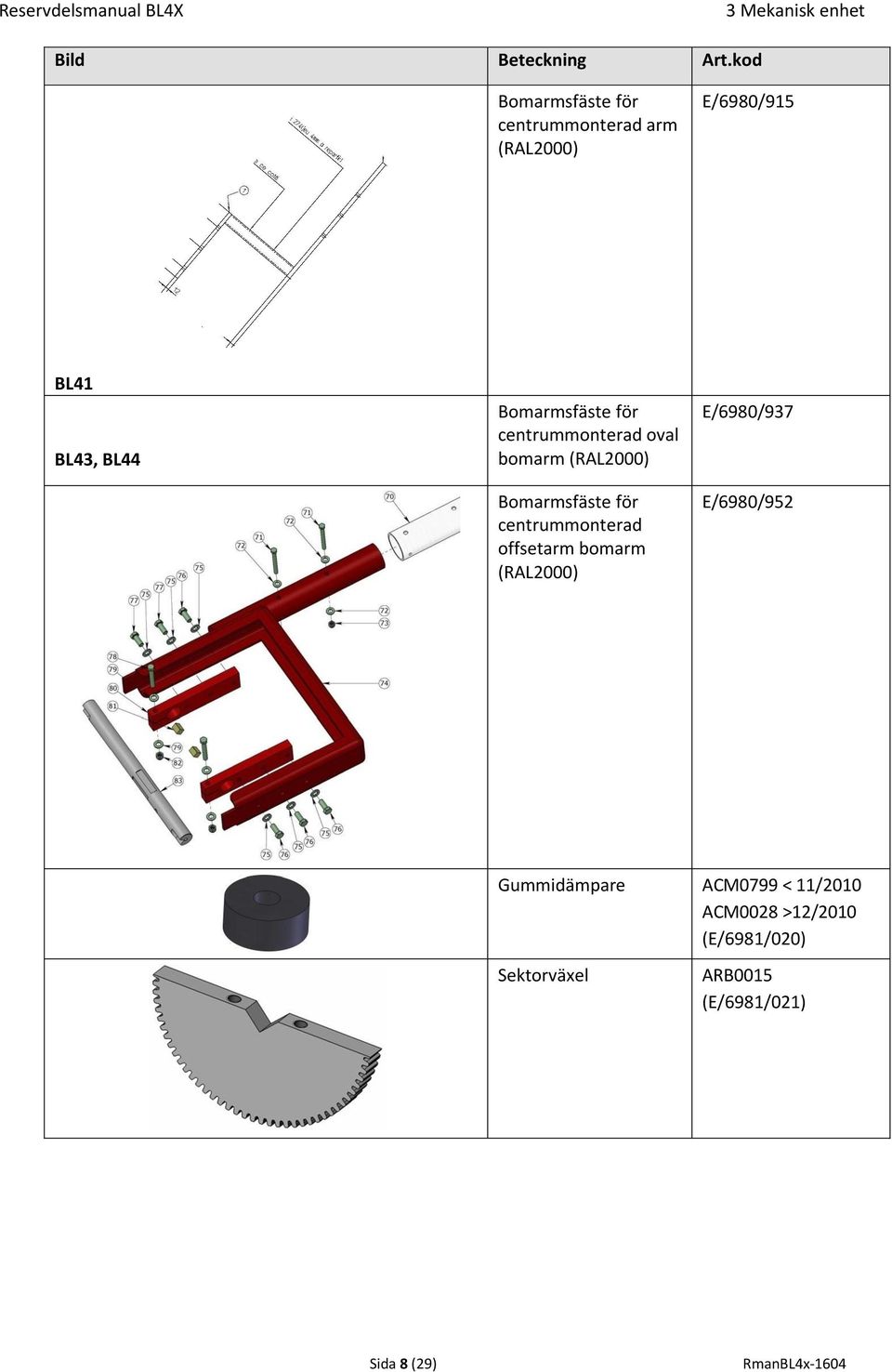 centrummonterad offsetarm bomarm (RAL2000) E/6980/937 E/6980/952 BL46 Gummidämpare