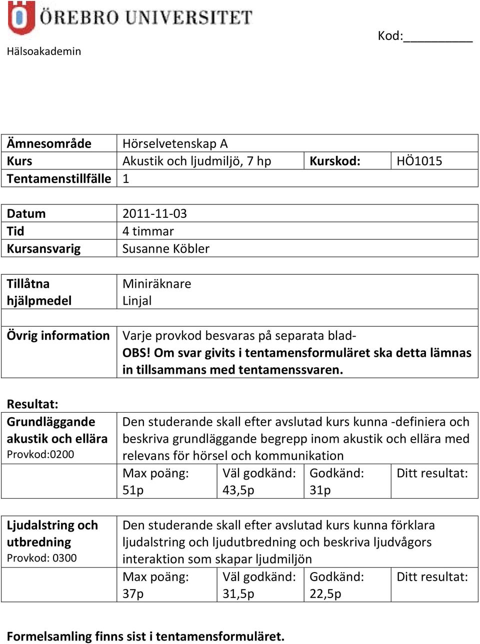 Resultat: Grundläggande akustik och ellära Provkod:2 Ljudalstring och utbredning Provkod: 3 Den studerande skall efter avslutad kurs kunna definiera och beskriva grundläggande begrepp inom akustik