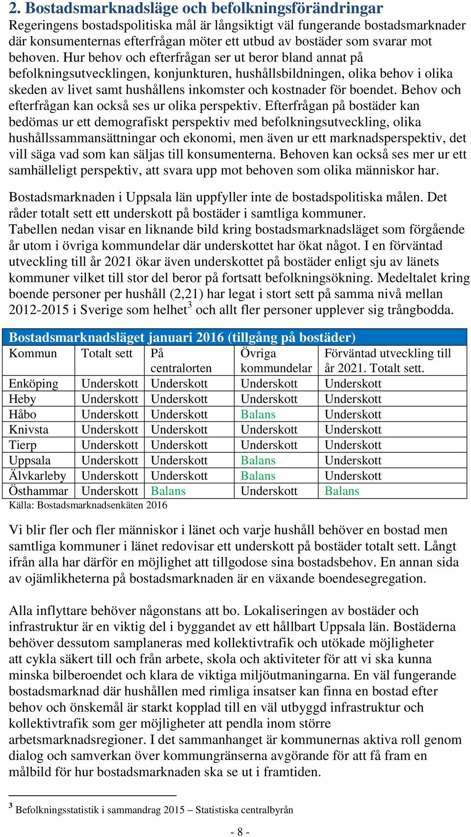 Hur behov och efterfrågan ser ut beror bland annat på befolkningsutvecklingen, konjunkturen, hushållsbildningen, olika behov i olika skeden av livet samt hushållens inkomster och kostnader för