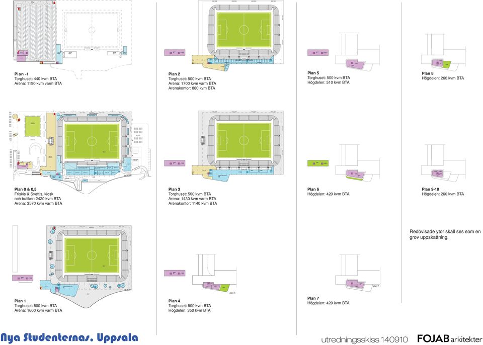 500 kvm BTA 1430 kvm varm BTA Arenakontor: 1140 kvm BTA Plan 6 Högdelen: 420 kvm BTA Plan 9-10 Högdelen: 260 kvm BTA Redovisade ytor skall ses som en