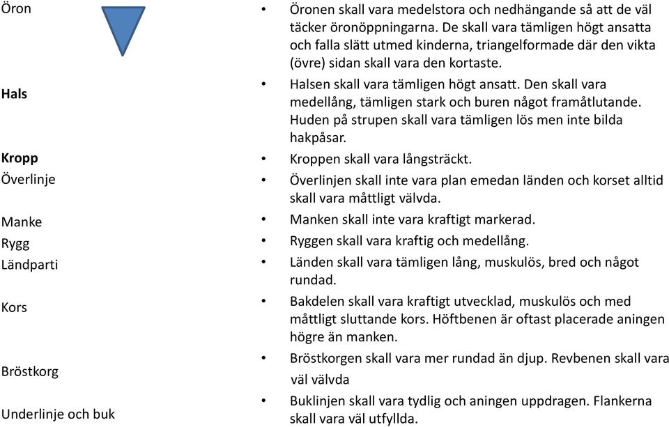 Den skall vara medellång, tämligen stark och buren något framåtlutande. Huden på strupen skall vara tämligen lös men inte bilda hakpåsar. Kroppen skall vara långsträckt.