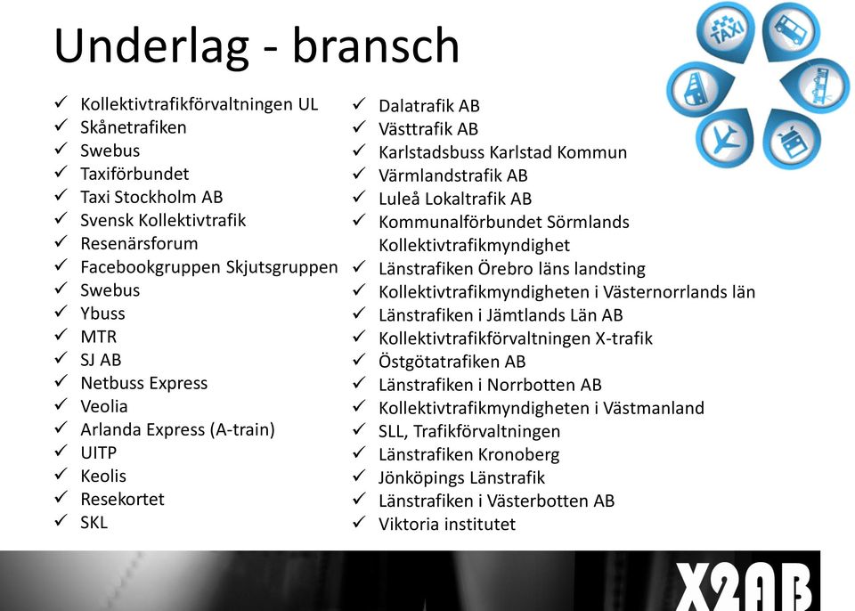 Sörmlands Kollektivtrafikmyndighet Länstrafiken Örebro läns landsting Kollektivtrafikmyndigheten i Västernorrlands län Länstrafiken i Jämtlands Län AB Kollektivtrafikförvaltningen X-trafik