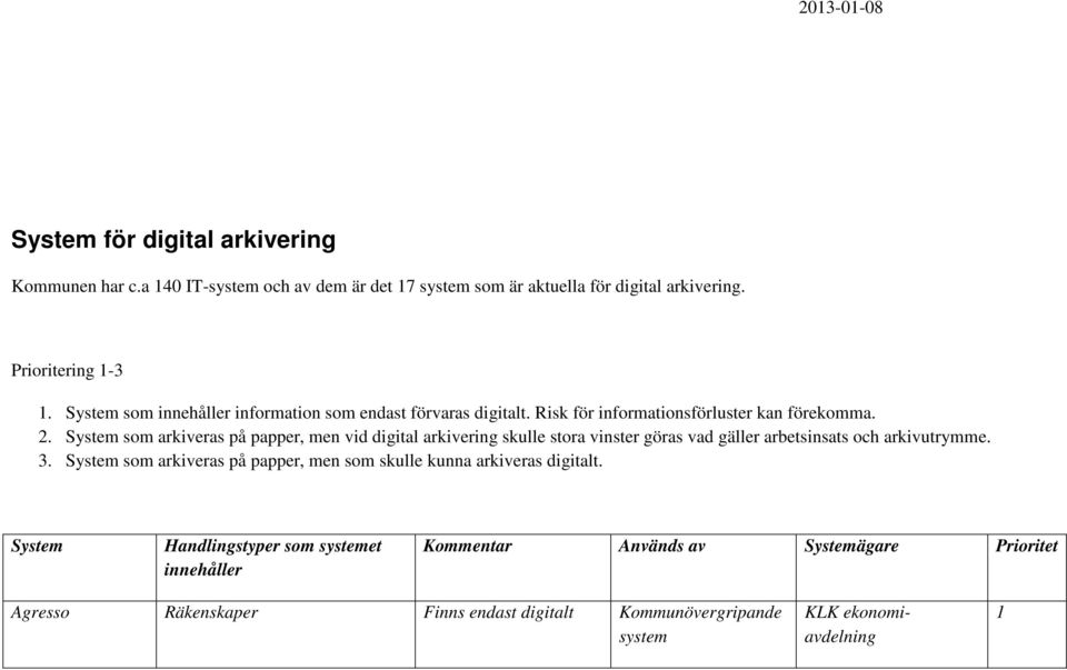 System som arkiveras på papper, men vid digital arkivering skulle stora vinster göras vad gäller arbetsinsats och arkivutrymme. 3.