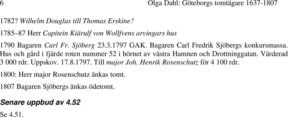 Bagaren Carl Fredrik Sjöbergs konkursmassa. Hus och gård i fjärde roten nummer 52 i hörnet av västra Hamnen och Drottninggatan.