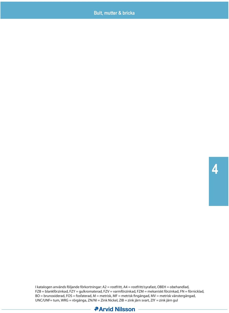 förzinkad, FN = förnicklad, BO = brunoxiderad, FOS = fosfaterad, M = metrisk, MF = metrisk fingängad,