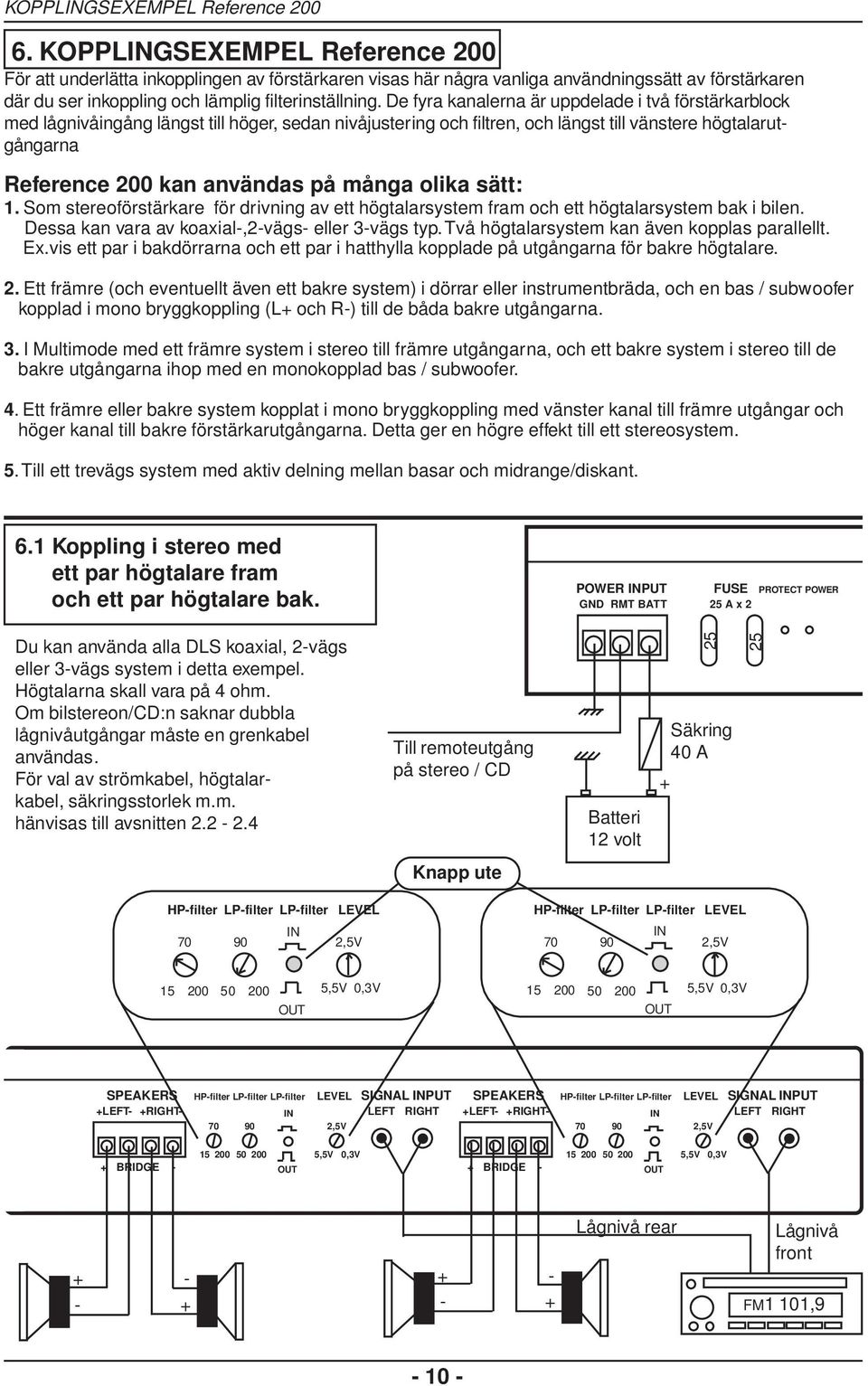 De fyra kanalerna är uppdelade i två förstärkarblock med lågnivåingång längst till höger, sedan nivåjustering och filtren, och längst till vänstere högtalarutgångarna Reference 200 kan användas på