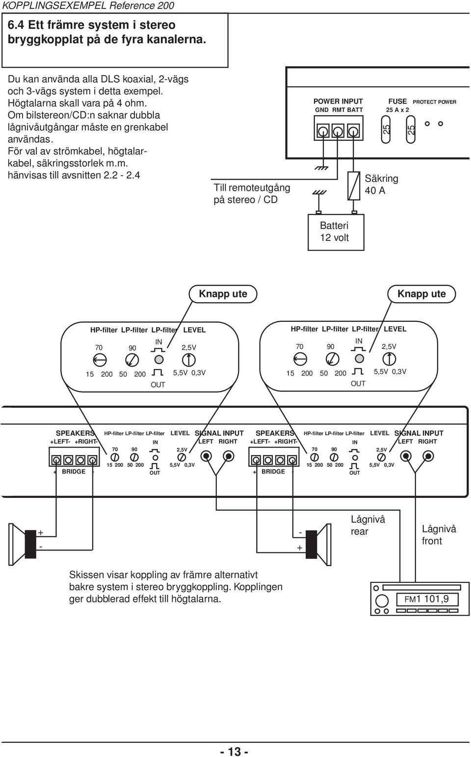 2 2.4 Till remoteutgång på stereo / CD POWER PUT FUSE PROTECT POWER A x 2 HPfilter LPfilter LPfilter HPfilter LPfilter LPfilter HPfilter LPfilter LPfilter SIGNAL PUT HPfilter LPfilter