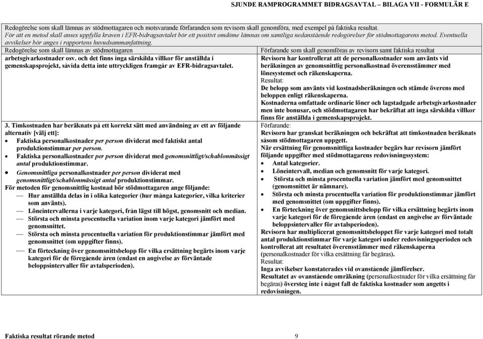 Eventuella avvikelser bör anges i rapportens huvudsammanfattning. Redogörelse som skall lämnas av stödmottagaren arbetsgivarkostnader osv.