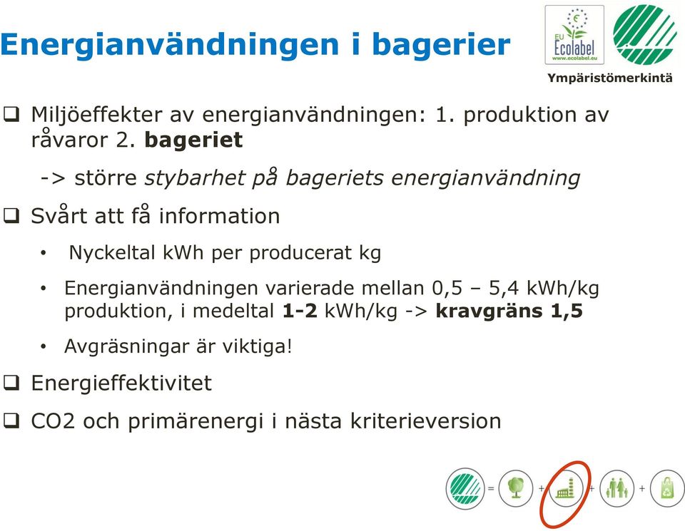 per producerat kg Energianvändningen varierade mellan 0,5 5,4 kwh/kg produktion, i medeltal 1-2