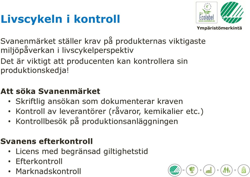 Att söka Svanenmärket Skriftlig ansökan som dokumenterar kraven Kontroll av leverantörer (råvaror,