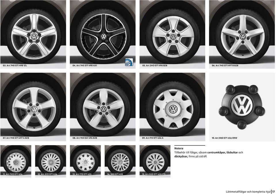 Art 5N0 071 456 XRW Notera Tillbehör till fälgar, såsom centrumkåpor, låsbultar och däckpåsar, finns på
