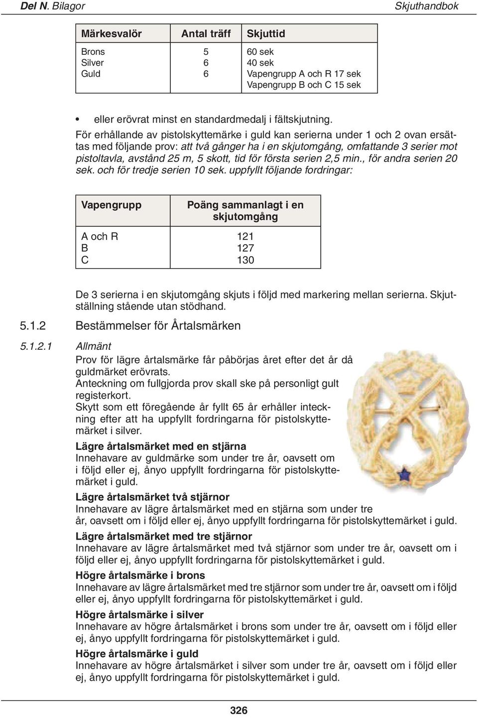 ning. För erhållande av pistolskyttemärke i guld kan serierna under 1 och 2 ovan ersättas med följande prov: att två gånger ha i en skjutomgång, omfattande 3 serier mot pistoltavla, avstånd 25 m, 5