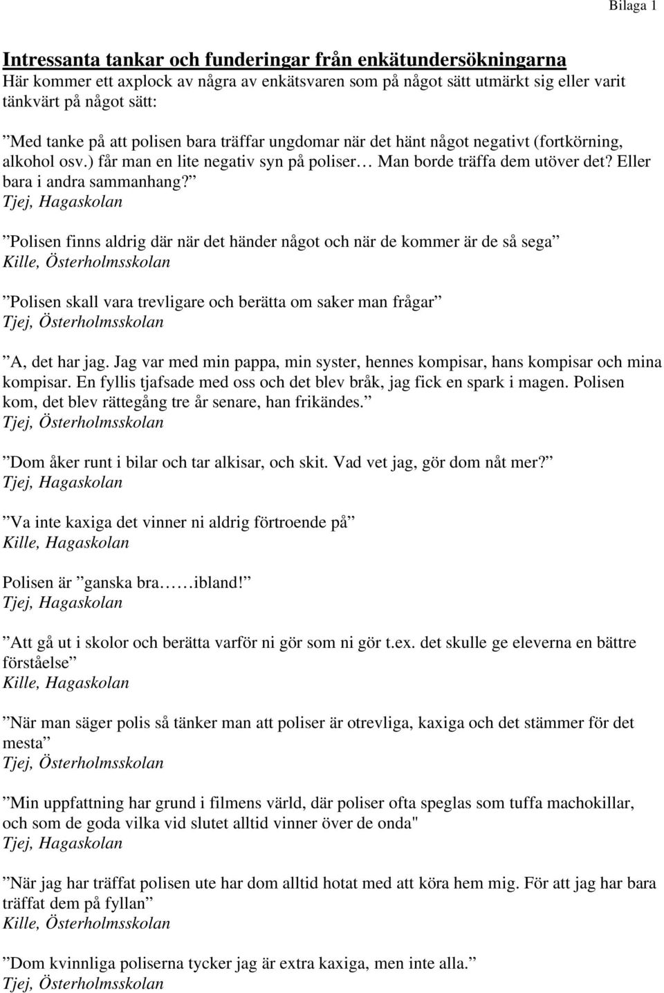 Tjej, Hagaskolan Polisen finns aldrig där när det händer något och när de kommer är de så sega Kille, Österholmsskolan Polisen skall vara trevligare och berätta om saker man frågar Tjej,