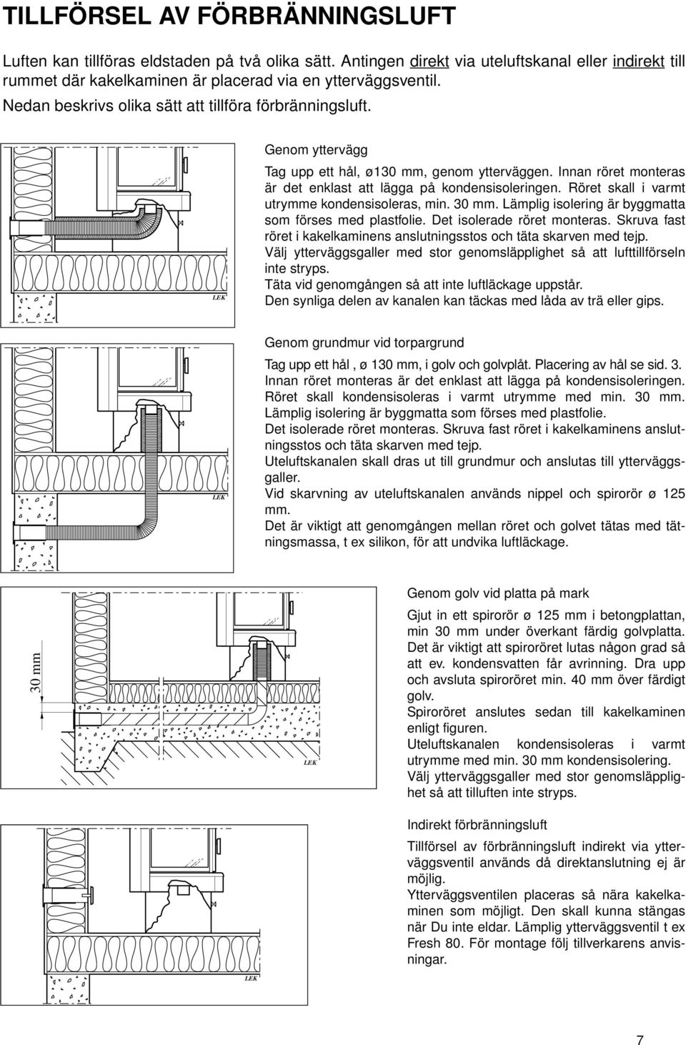 Röret skall i varmt utrymme kondensisoleras, min. 30 mm. Lämplig isolering är byggmatta som förses med plastfolie. Det isolerade röret monteras.