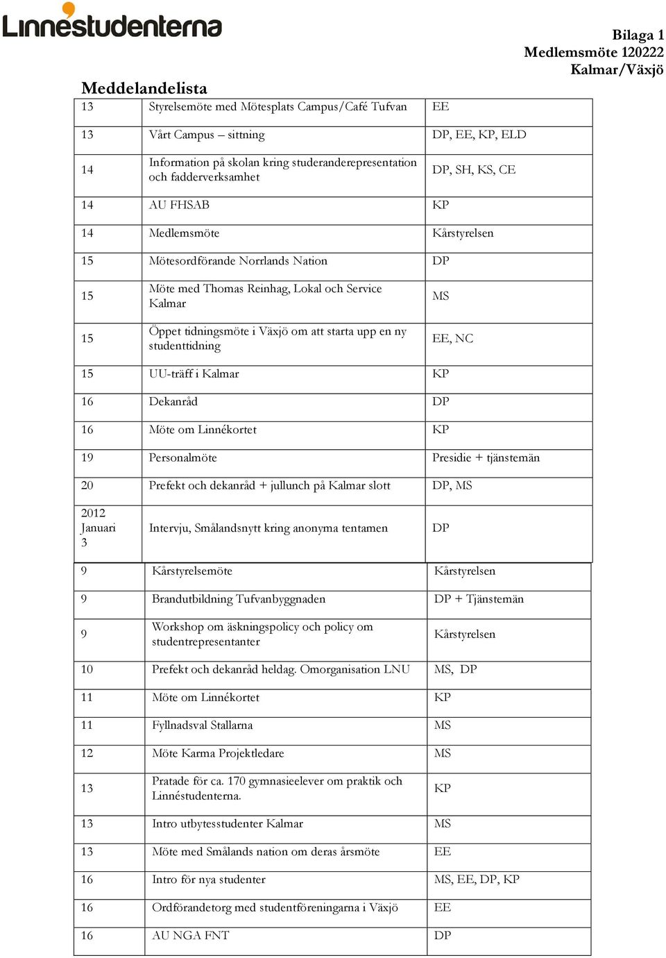 upp en ny studenttidning MS EE, NC 15 UU-träff i Kalmar KP 16 Dekanråd DP 16 Möte om Linnékortet KP 19 Personalmöte Presidie + tjänstemän 20 Prefekt och dekanråd + jullunch på Kalmar slott DP, MS