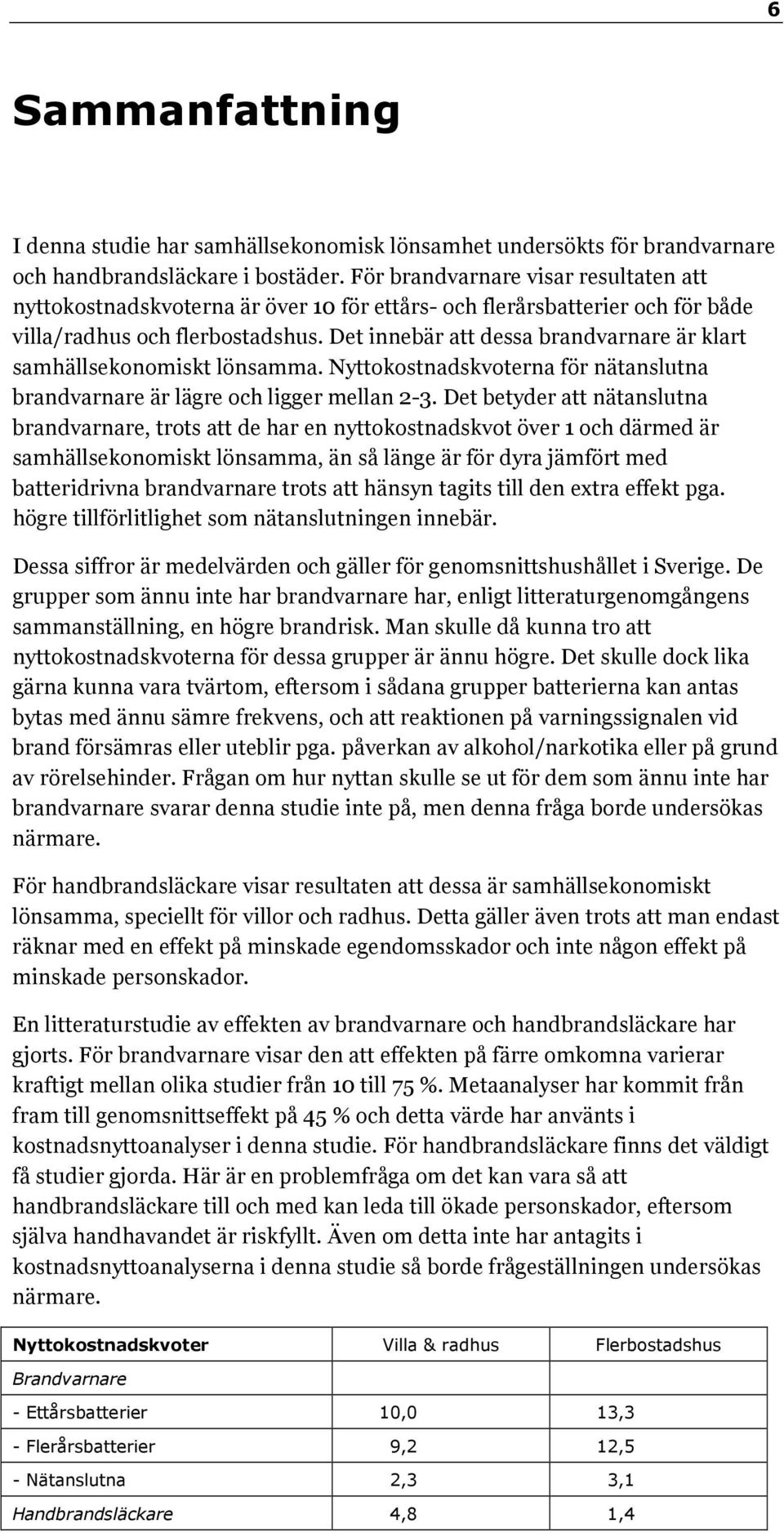 Det innebär att dessa brandvarnare är klart samhällsekonomiskt lönsamma. Nyttokostnadskvoterna för nätanslutna brandvarnare är lägre och ligger mellan 2-3.