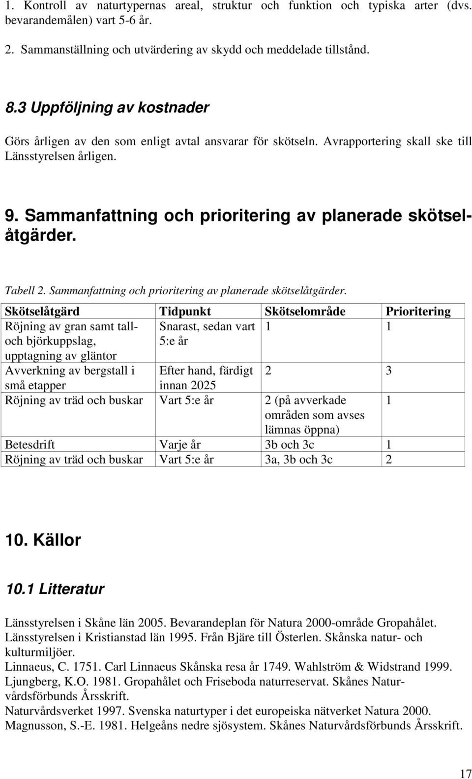 Sammanfattning och prioritering av planerade skötselåtgärder. Tabell 2. Sammanfattning och prioritering av planerade skötselåtgärder.