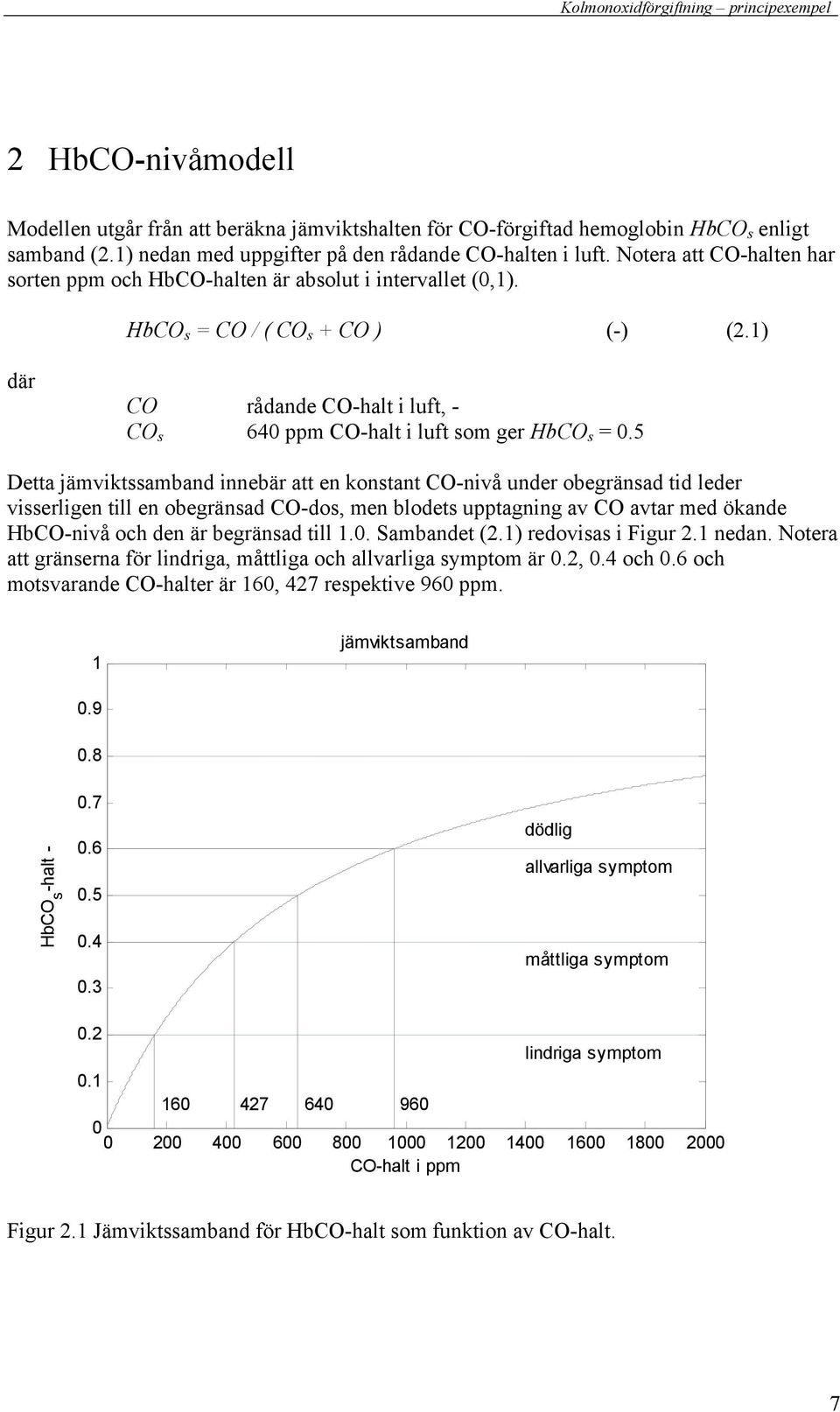 1) där CO rådande CO-halt i luft, - CO s 64 ppm CO-halt i luft som ger HbCO s = Detta jämviktssamband innebär att en konstant CO-nivå under obegränsad tid leder visserligen till en obegränsad CO-dos,