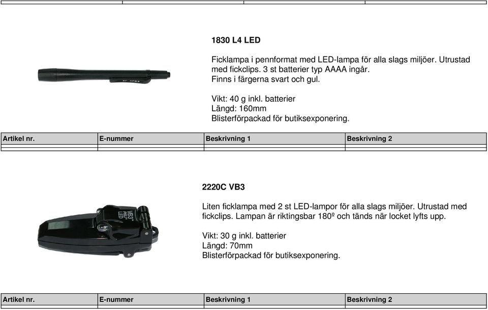 batterier Längd: 160mm 2220C VB3 Liten ficklampa med 2 st LED-lampor för alla slags miljöer.