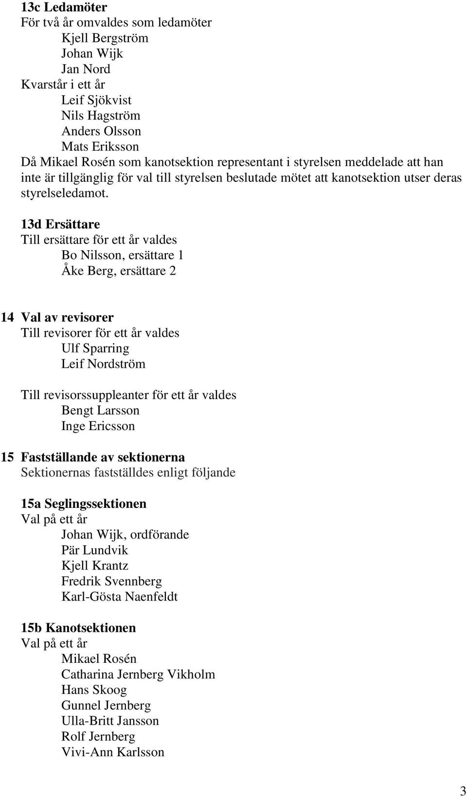 13d Ersättare Till ersättare för ett år valdes Bo Nilsson, ersättare 1 Åke Berg, ersättare 2 14 Val av revisorer Till revisorer för ett år valdes Ulf Sparring Leif Nordström Till revisorssuppleanter