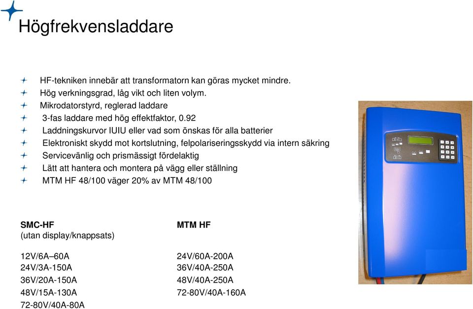 92 Laddningskurvor IUIU eller vad som önskas för alla batterier Elektroniskt skydd mot kortslutning, felpolariseringsskydd via intern säkring Servicevänlig