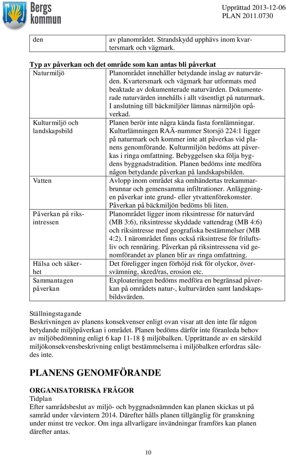 I anslutning till bäckmiljöer lämnas närmiljön opåverkad. Kulturmiljö och Planen berör inte några kända fasta fornlämningar.