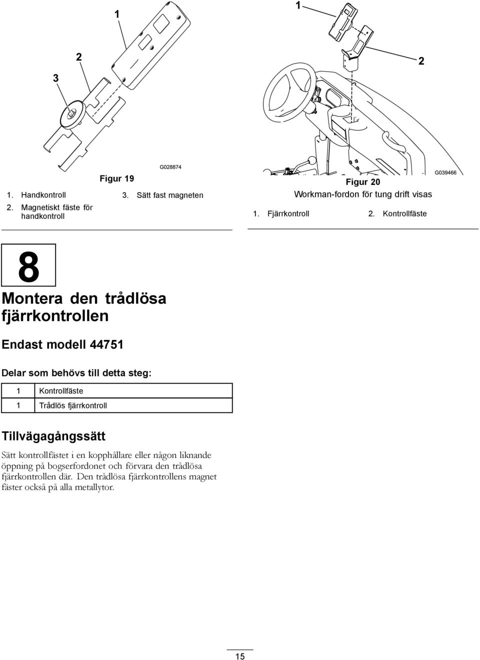 Kontrollfäste 8 Montera den trådlösa fjärrkontrollen Endast modell 44751 Delar som behövs till detta steg: 1 Kontrollfäste 1