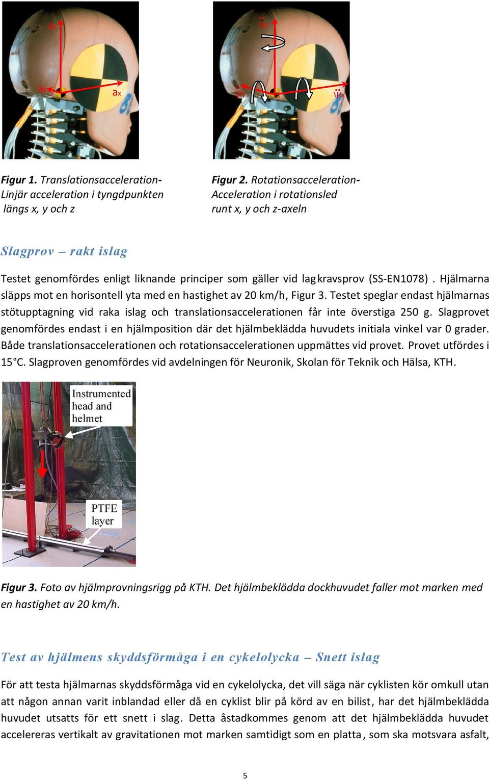 Hjälmarna släpps mot en horisontell yta med en hastighet av 0 km/h, Figur 3. Testet speglar endast hjälmarnas stötupptagning vid raka islag och translationsaccelerationen får inte överstiga 50 g.