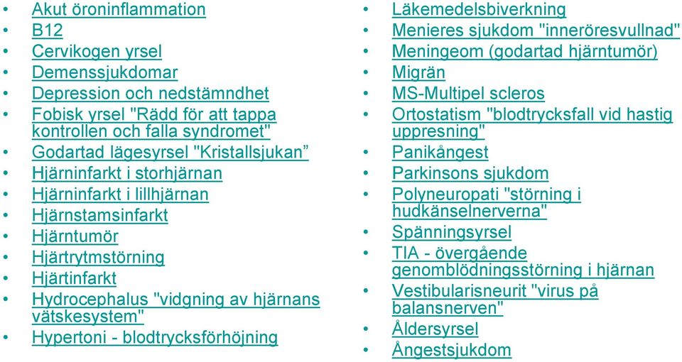 blodtrycksförhöjning Läkemedelsbiverkning Menieres sjukdom "inneröresvullnad" Meningeom (godartad hjärntumör) Migrän MS-Multipel scleros Ortostatism "blodtrycksfall vid hastig uppresning"