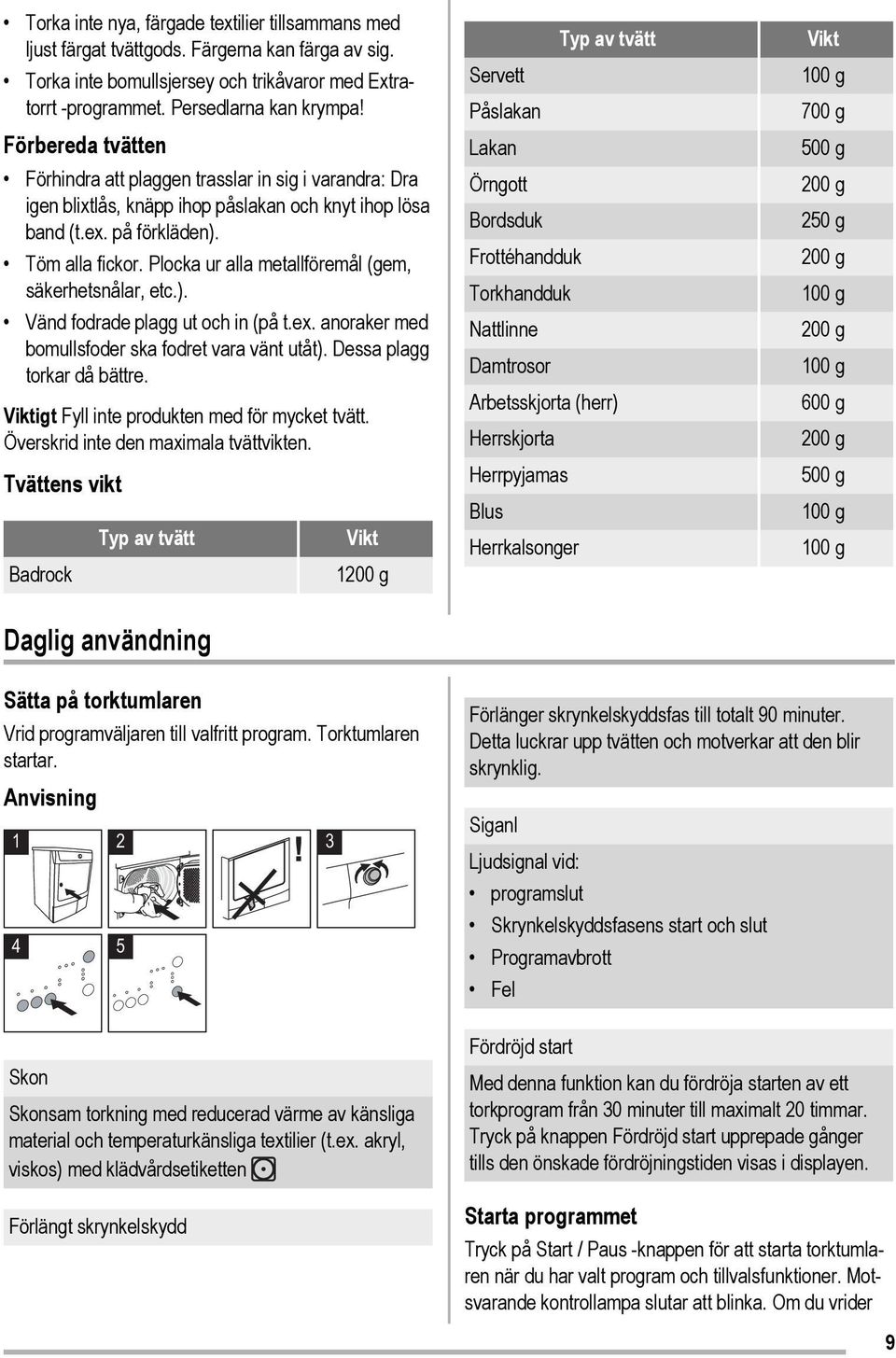 Plocka ur alla metallföremål (gem, säkerhetsnålar, etc.). Vänd fodrade plagg ut och in (på t.ex. anoraker med bomullsfoder ska fodret vara vänt utåt). Dessa plagg torkar då bättre.