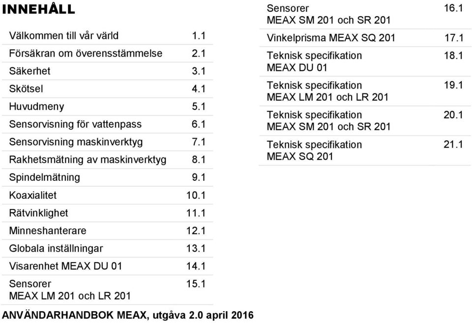 1 Globala inställningar 13.1 Visarenhet MEAX DU 01 14.1 Sensorer MEAX LM 201 och LR 201 15.1 ANVÄNDARHANDBOK MEAX, utgåva 2.