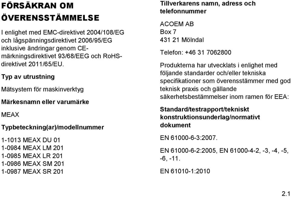 201 Tillverkarens namn, adress och telefonnummer ACOEM AB Box 7 431 21 Mölndal Telefon: +46 31 7062800 Produkterna har utvecklats i enlighet med följande standarder och/eller tekniska specifikationer