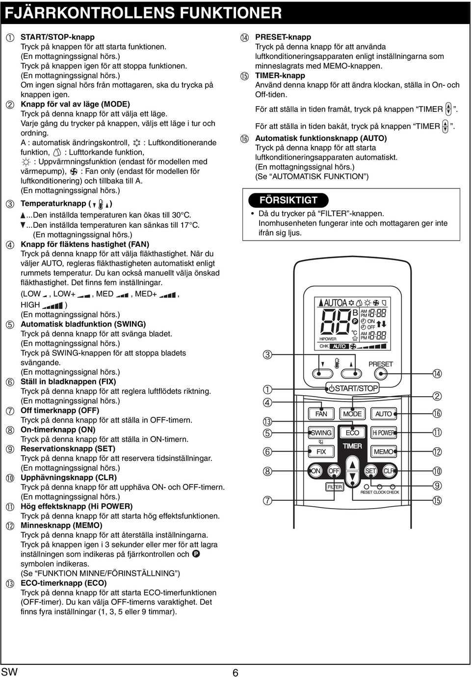 A : automatisk ändringskontroll, : Luftkonditionerande funktion, : Lufttorkande funktion, : Uppvärmningsfunktion (endast för modellen med värmepump), : Fan only (endast för modellen för