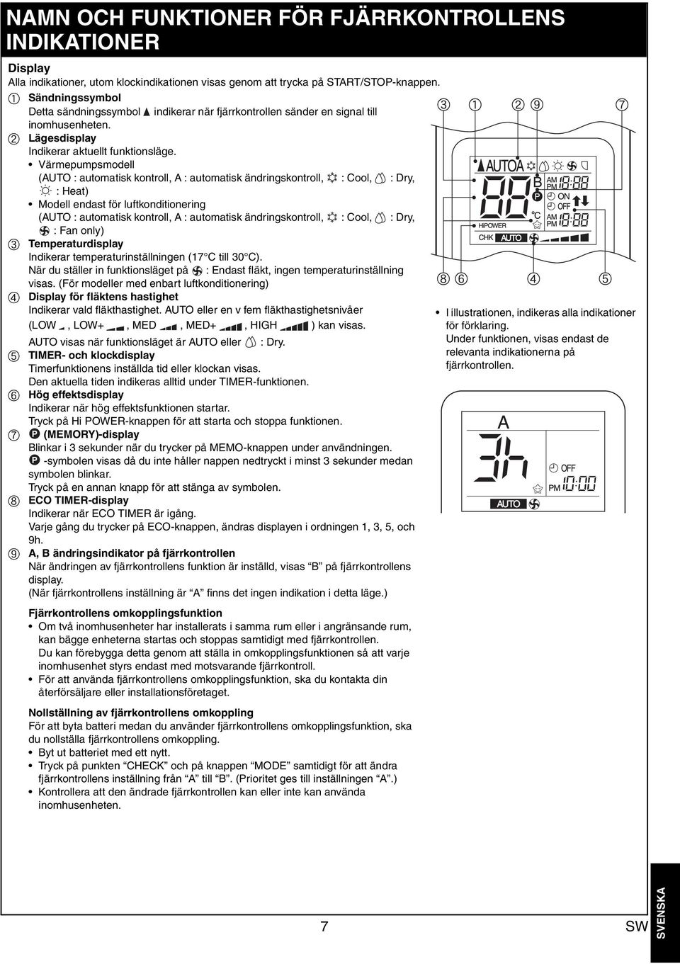 Värmepumpsmodell (AUTO : automatisk kontroll, A : automatisk ändringskontroll, : Cool, : Dry, :Heat) Modell endast för luftkonditionering (AUTO : automatisk kontroll, A : automatisk ändringskontroll,