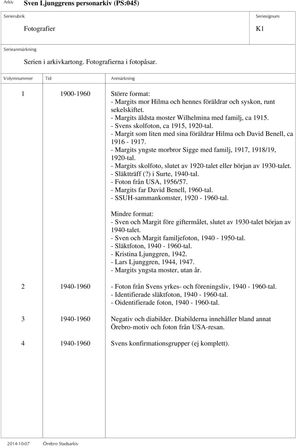 - Margits skolfoto, slutet av 1920-talet eller början av 1930-talet. - Släktträff (?) i Surte, 1940-tal. - Foton från USA, 1956/57. - Margits far David Benell, 1960-tal.