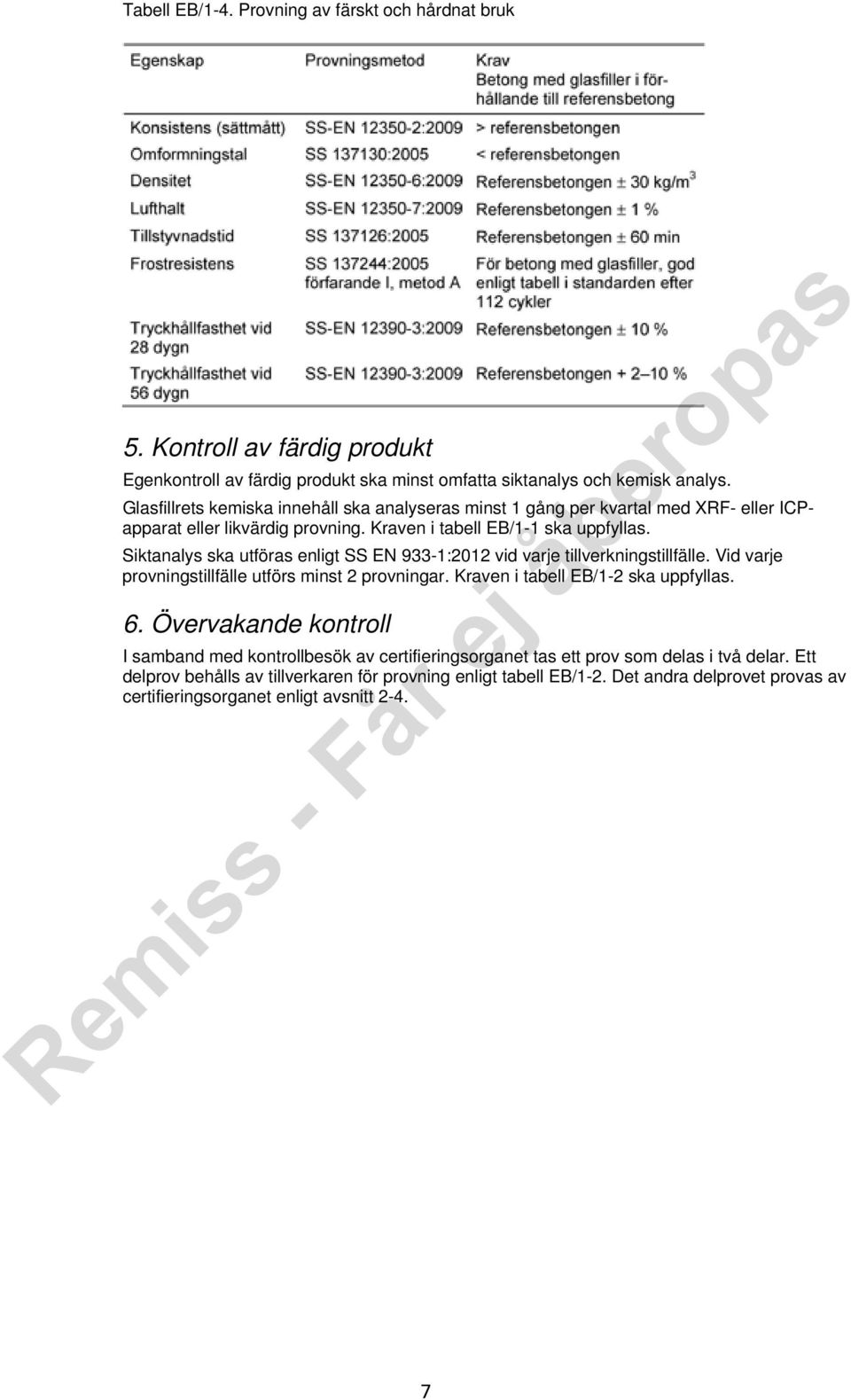 Siktanalys ska utföras enligt SS EN 933-1:2012 vid varje tillverkningstillfälle. Vid varje provningstillfälle utförs minst 2 provningar. Kraven i tabell EB/1-2 ska uppfyllas. 6.