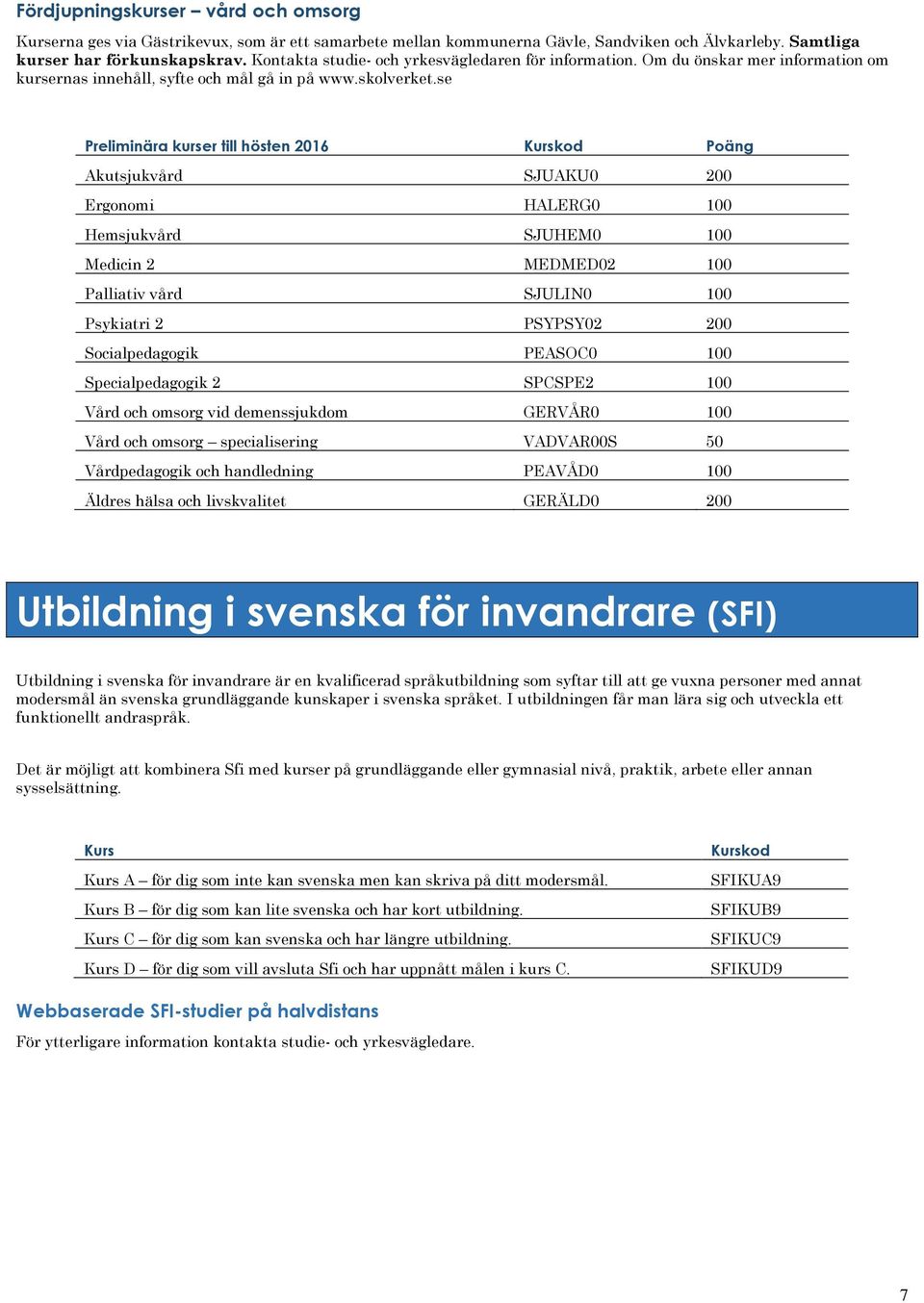 se Preliminära kurser till hösten 2016 Kurskod Poäng Akutsjukvård SJUAKU0 200 Ergonomi HALERG0 100 Hemsjukvård SJUHEM0 100 Medicin 2 MEDMED02 100 Palliativ vård SJULIN0 100 Psykiatri 2 PSYPSY02 200