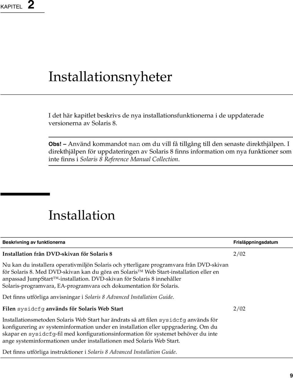 I direkthjälpen för uppdateringen av Solaris 8 finns information om nya funktioner som inte finns i Solaris 8 Reference Manual Collection.