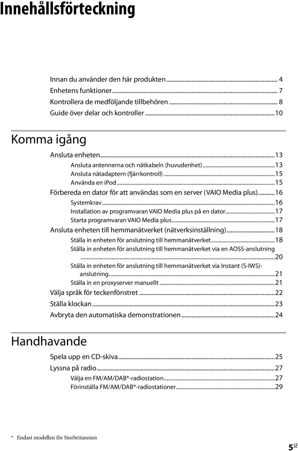 ..16 Installation av programvaran VAIO Media plus på en dator...17 Starta programvaran VAIO Media plus...17 Ansluta enheten till hemmanätverket (nätverksinställning).