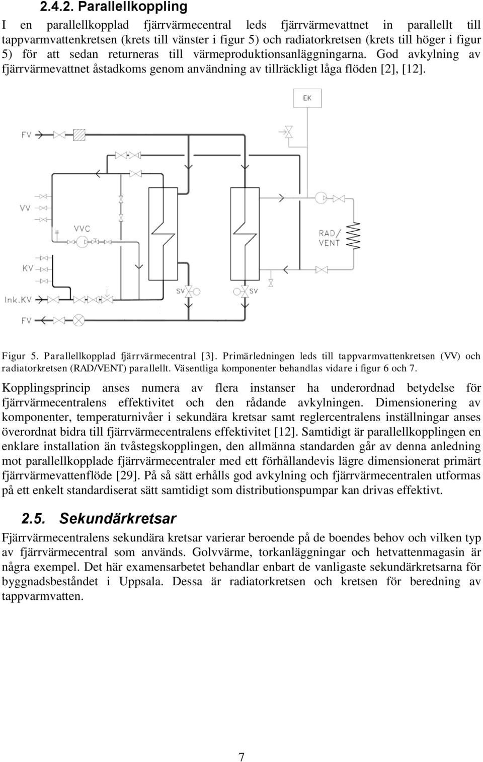 Parallellkopplad fjärrvärmecentral [3]. Primärledningen leds till tappvarmvattenkretsen (VV) och radiatorkretsen (RAD/VENT) parallellt. Väsentliga komponenter behandlas vidare i figur 6 och 7.